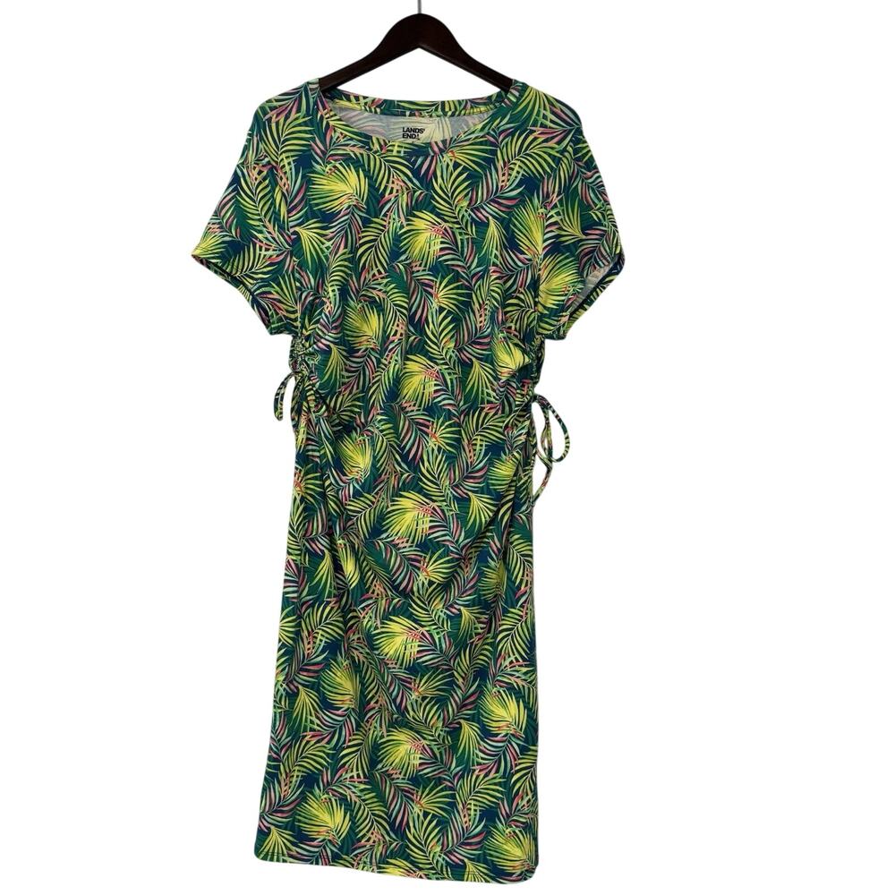 Lands End Short Sleeve Ruched Side Jersey Dress Women's XL Green Palm Tropical